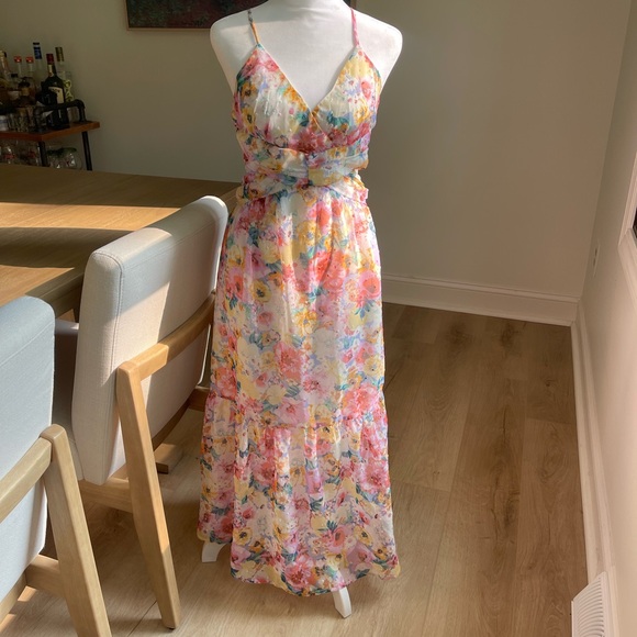 Lulus Flower Fields Pink Multi Floral Print Lace-Up Midi Dress - Picture 1 of 9